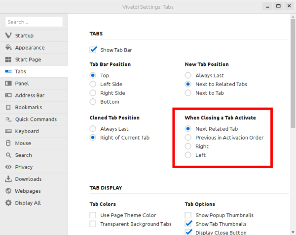 Vivaldi 1.1 close tab options