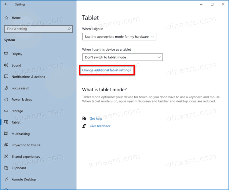 Windows 10 Change Additional Tablet Settings