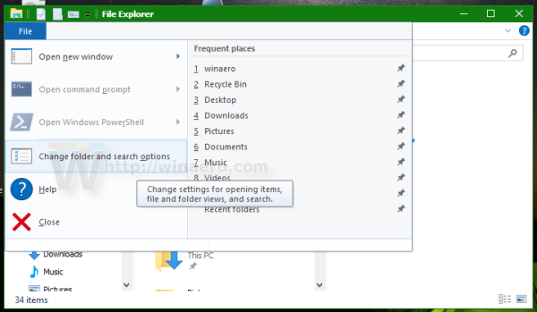 Windows 10 File Explorer Change folder and search options