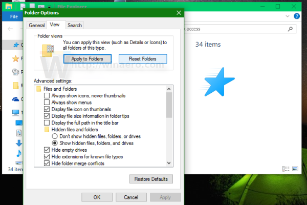 Windows 10 Folder options View tab