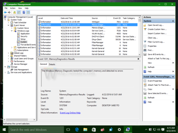 Windows 10 Memory Diagnostic Results