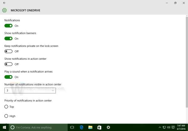 Windows 10 OneDrive app notification details