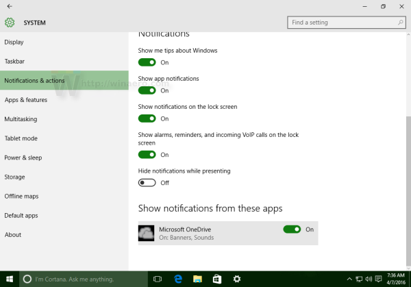 Уведомления приложения Windows 10 OneDrive