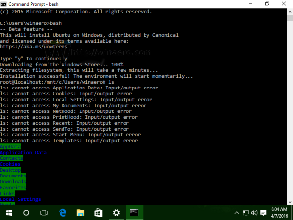 Windows 10 Ubuntu bash in action