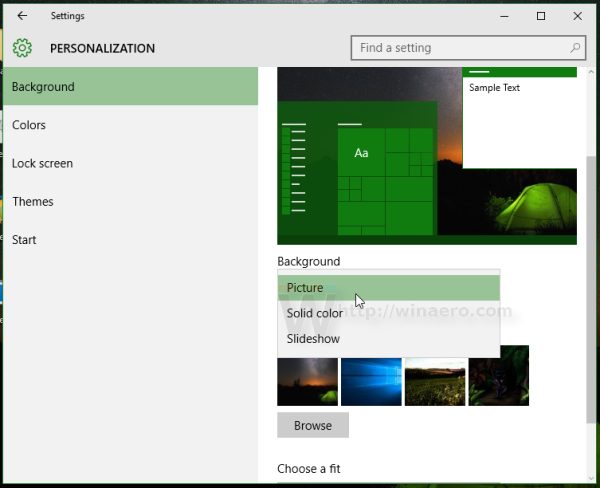 Windows 10 background option list