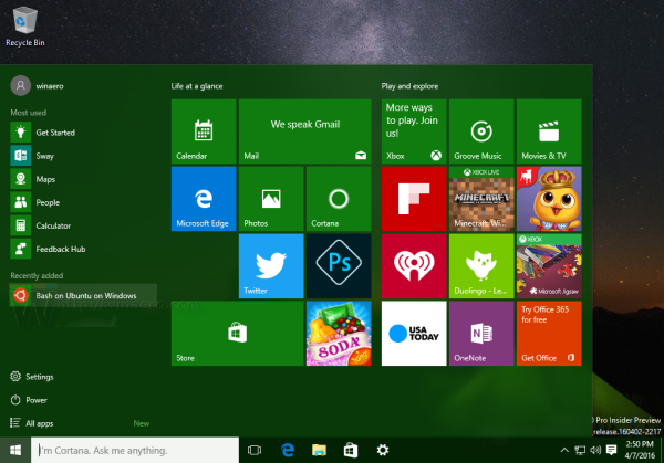 Windows 10 bash in start menu