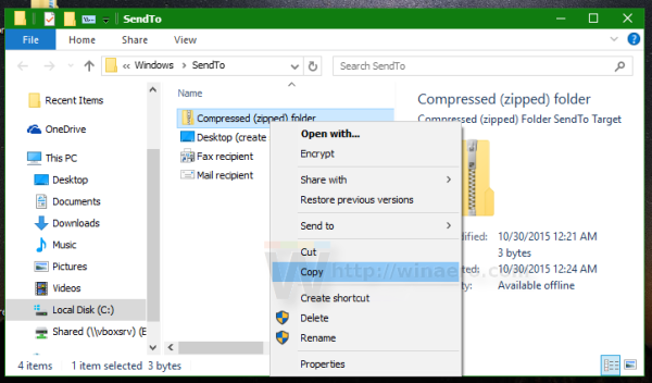 Windows 10 copy zipped folder from send to