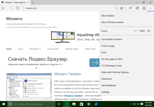 Windows 10 edge three dots menu opened