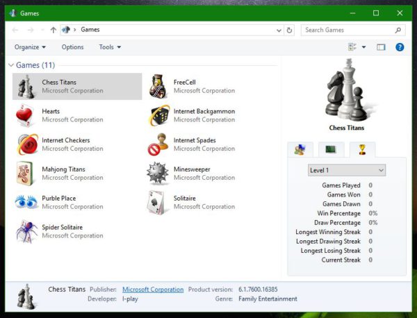 Windows 10 game explorer with games from 7