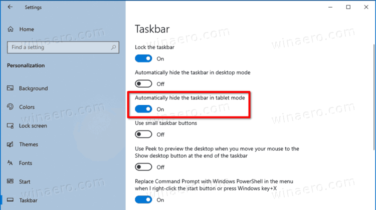 Windows 10 скрывает панель задач в режиме планшета в настройках