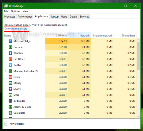 Windows 10 task manager app history