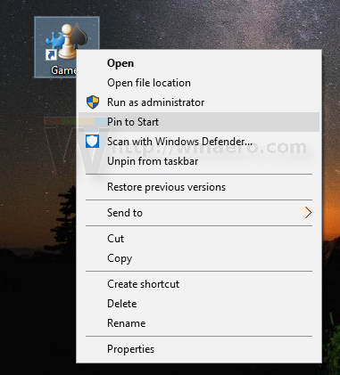 Windows 10 Games folder pin to start