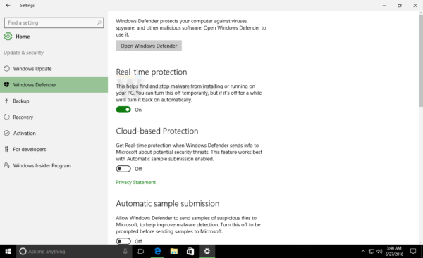 Windows 10 build 14352 default defender