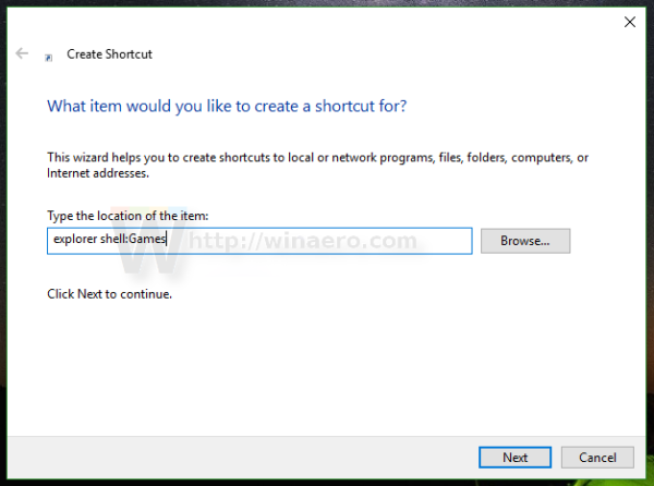 Windows 10 create Games folder shortcut