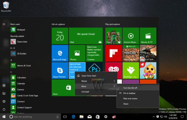 Windows 10 disable live tile