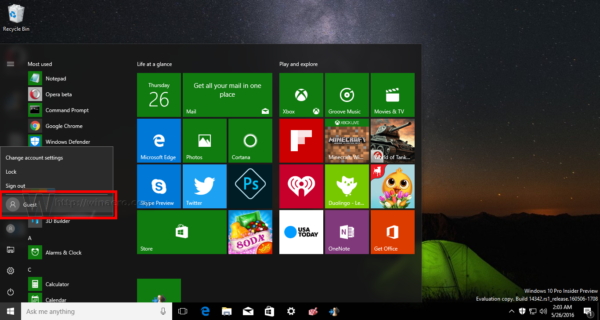 Windows 10 guest account Start menu