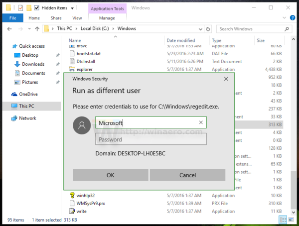 Windows 10 run as different user dialog