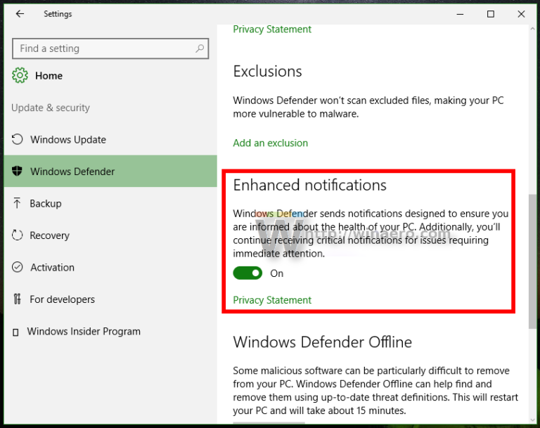 How to disable or enable Windows Defender enhanced notifications in