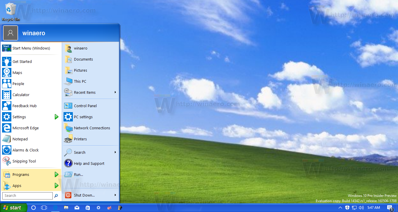 menu di avvio compresso di Windows XP