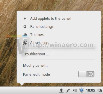 panel context menu