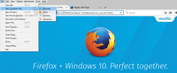 Firefox containers menu