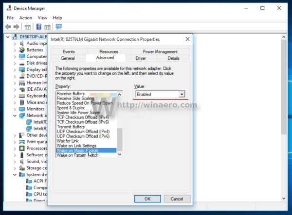 Windows 10 adapter properties wol