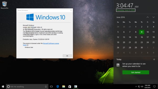 Windows 10 build 14361 date time