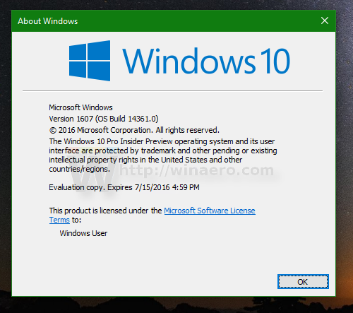 Windows 10 build 14361 winver