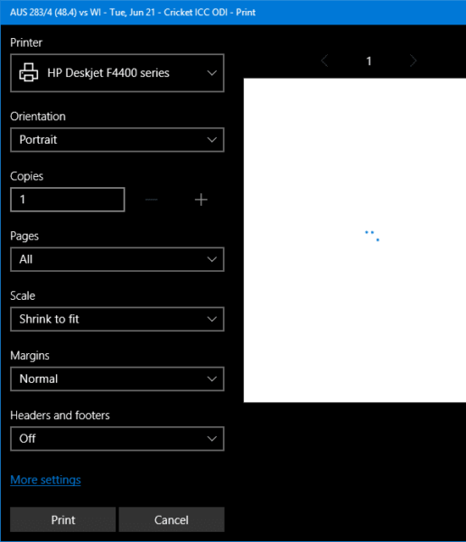 Диалоговое окно печати по умолчанию в Windows 10