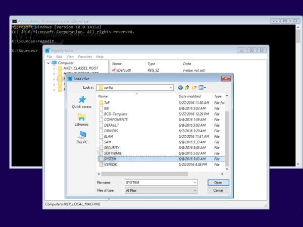 Windows 10 file load hive system file