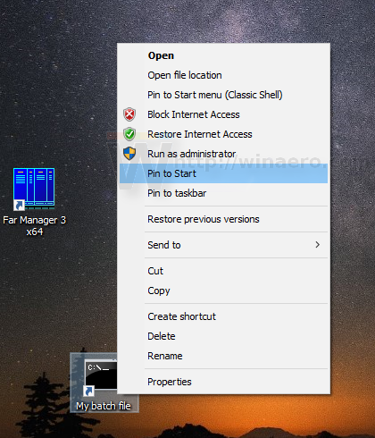Windows 10 pin batch file to start