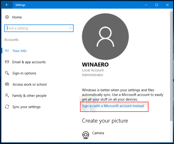 Windows 10 settings accounts