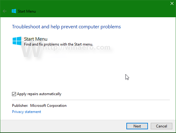 Windows 10 start menu troubleshooter advanced mode
