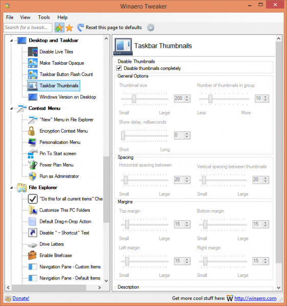 Winaero Tweaker taskbar thumbnails