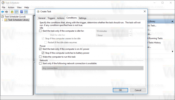 Windows 10 Create Task window Conditions tab