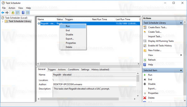 Windows 10 Task Scheduler run context menu
