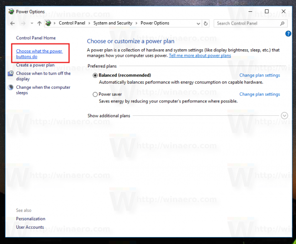 Кнопки изменения параметров питания панели управления Windows 10