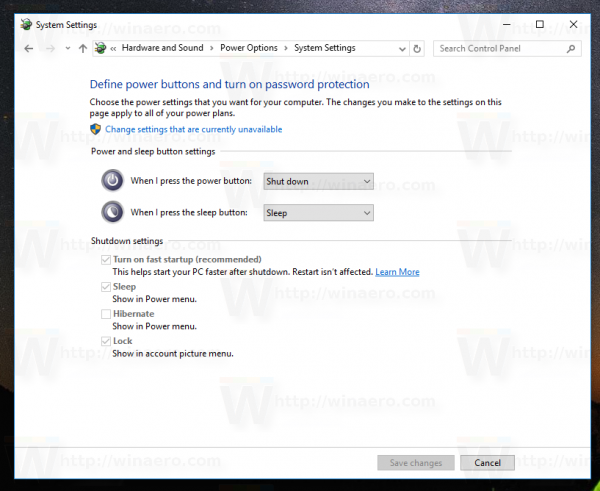 Кнопки изменения параметров питания панели управления Windows 10 ui