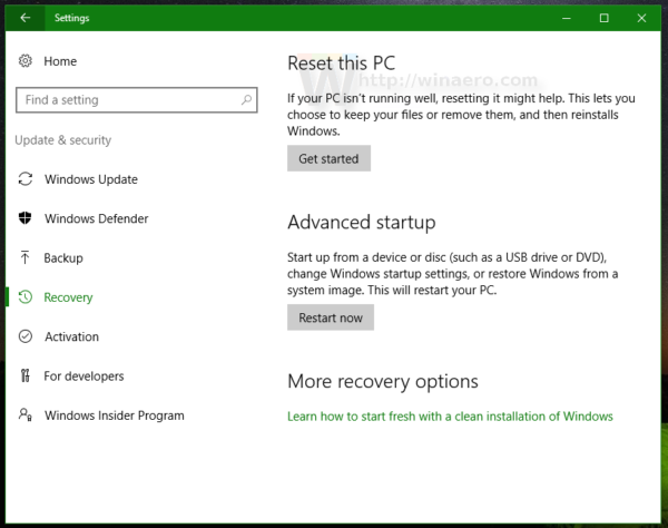 Windows 10 default reset access