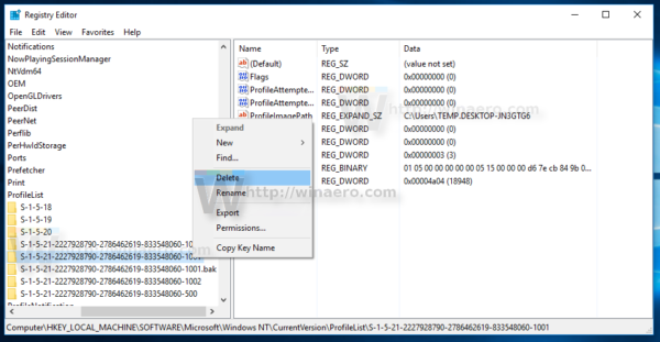 Windows 10 delete temp subkey