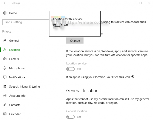 Windows 10 отключает местоположение глобально