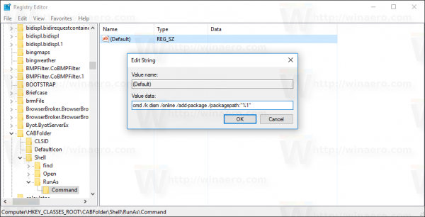 Windows 10 install cab context menu entry