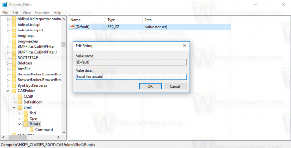 Windows 10 install cab runas default parameter name
