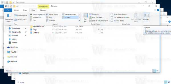 Windows 10 open folder options