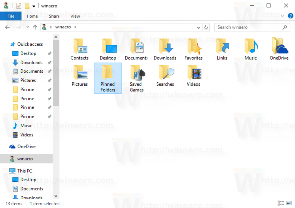 Папка закрепленных папок Windows 10 в папке пользователя