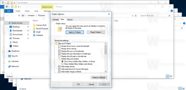 Windows 10 view tab apply to folders