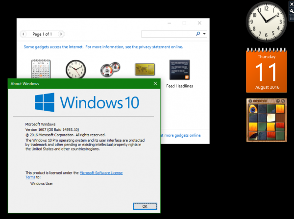 Sidabar Gadgets in Windows 10 Anniversary Update