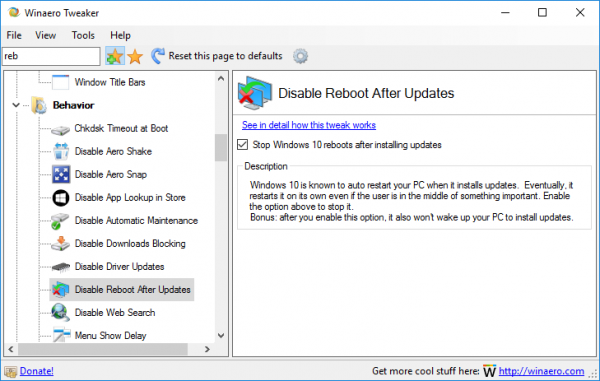 Winaero tweaker stop auto reboot