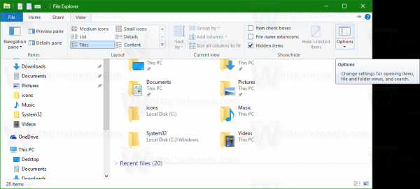 Windows 10 File Explorer options button
