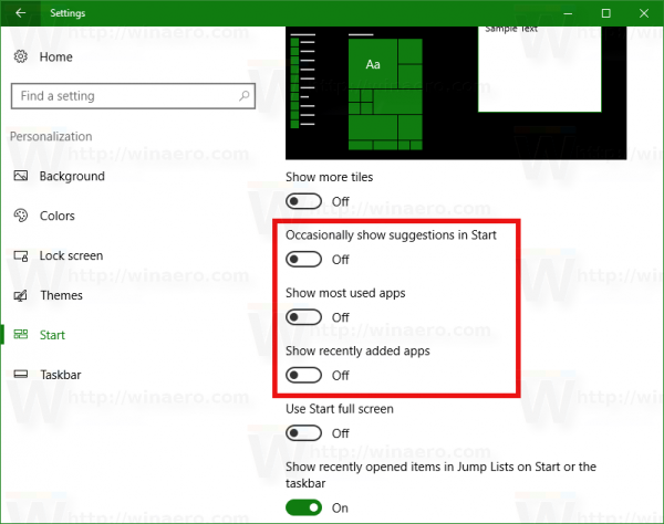 Windows 10 Start menu disable recent most used suggested